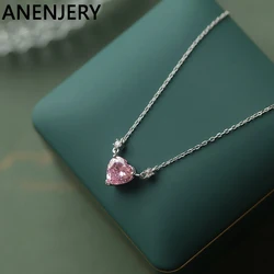 ANENJERY Pink Zircon Love Heart Necklace for Women New Fashion Sweet Design Clavicle Chain collares para mujer