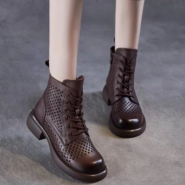 

Women's Hollow out Top Layer Cowhide Boots Breathable Hollow Boots Slimming Effect High Top Rubber Outsole round Toe
