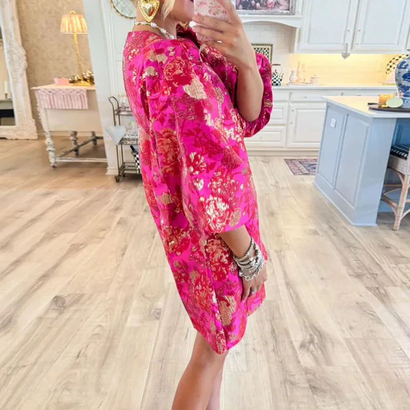 Trendy Woman Clothes 2025 Spring Elegant O Neck Flower Print Jacquard Dress Autumn 3/4 Puff Sleeved Straight Evening Dress Mujer