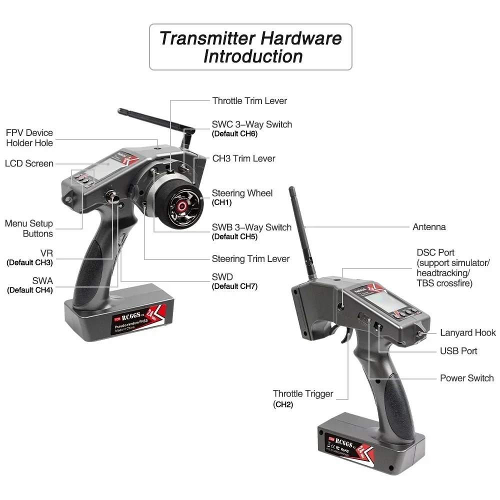 

Радиопередатчик Radiolink RC6GS V3, 2,4 ГГц, 7 каналов, с приемником R7FG, гироскоп, пульт дистанционного управления для радиоуправляемого автомобиля, лодки