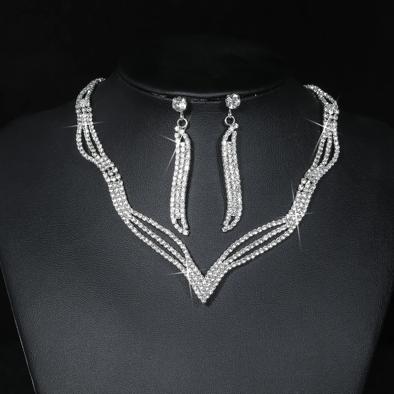 Bride Wedding Necklace Earrings Set Silver Rhinestones Necklaces Bridal Crystal Jewelry Accessories for Women and Girls