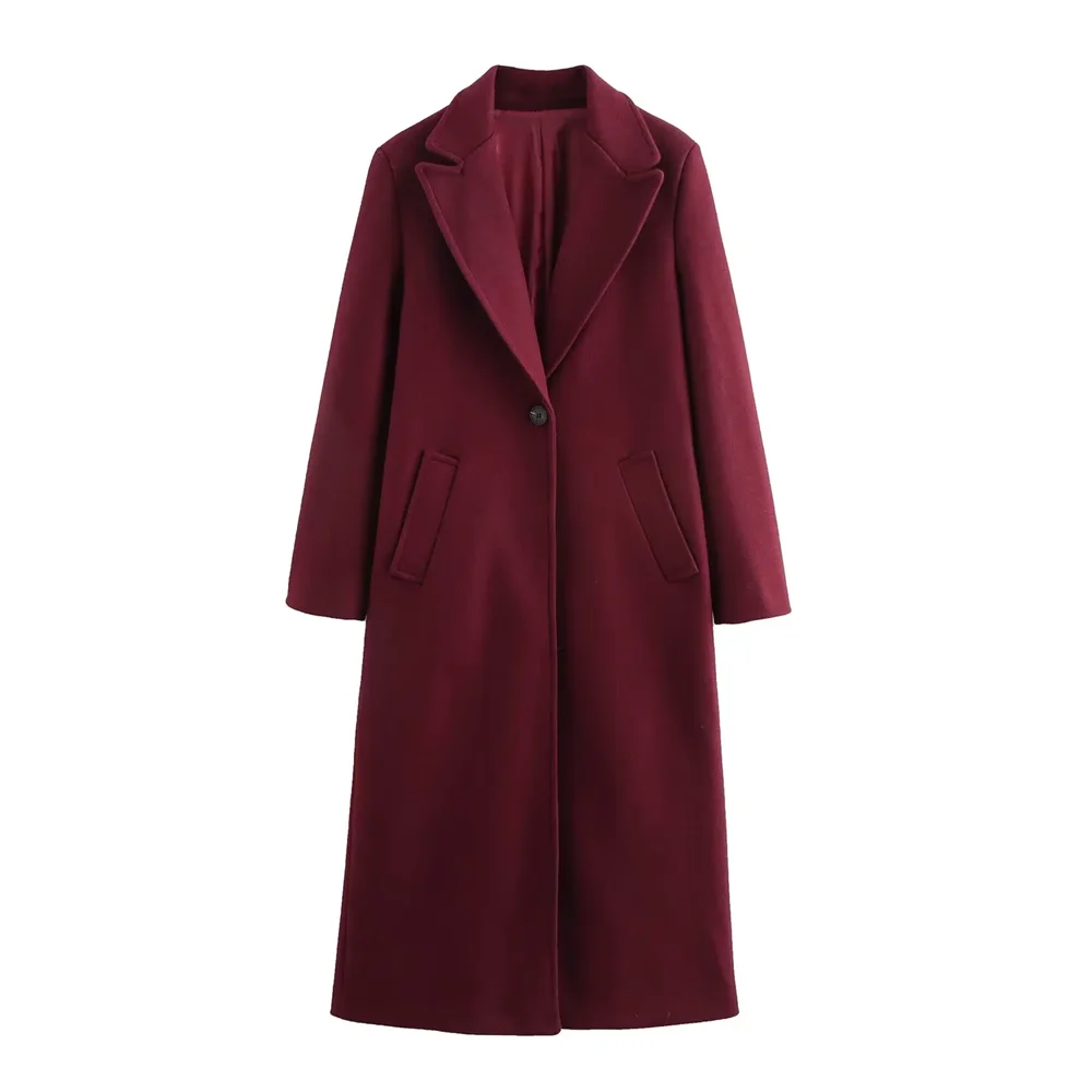 RZRA 2024 one button double pocket suit collar straight solid color long coat jacket winter new women's wear