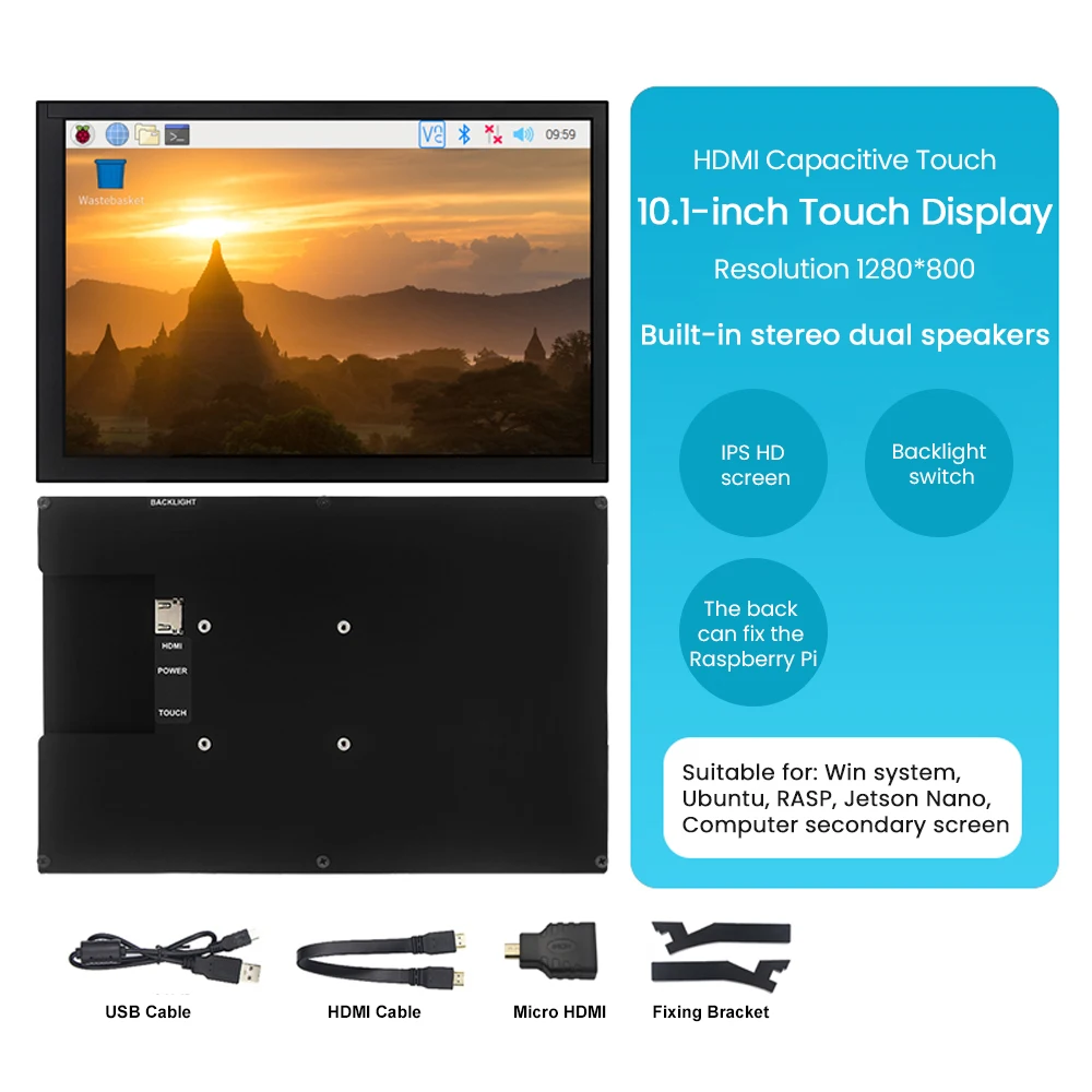 10.1 Inch Capacitive Touch Screen HDMI IPS HD Display Module 1280*800 with Stereo Speakers for Raspberry Pi