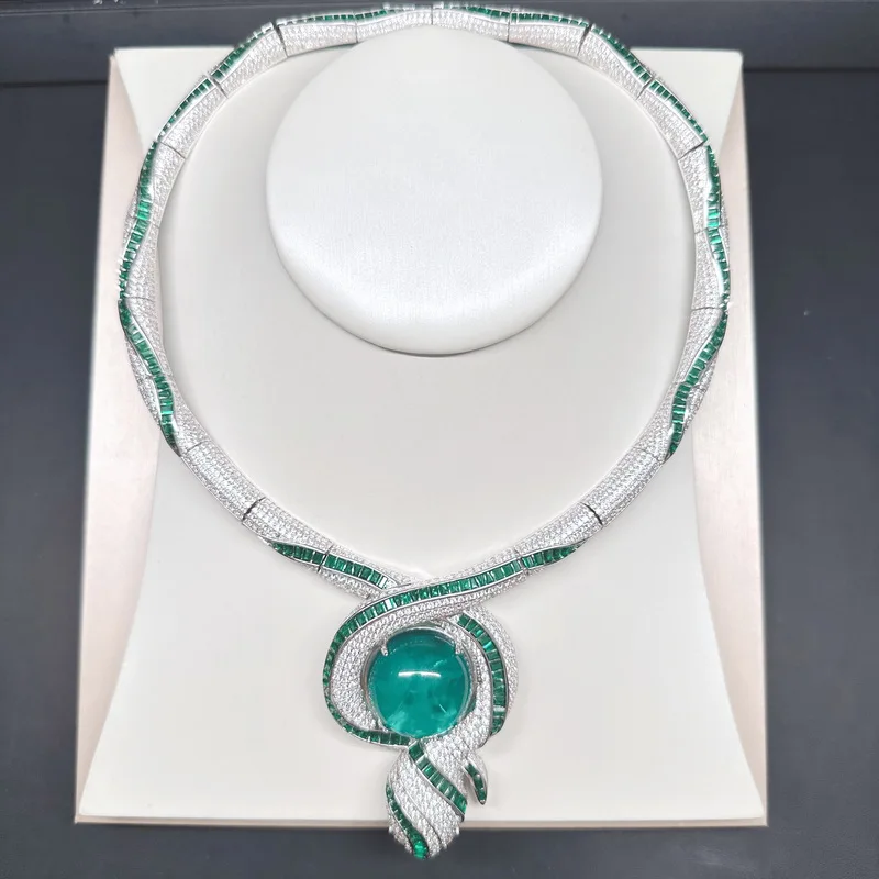 Europe America Style Necklace Women Lady Inlay Green Cubic Zircon Synthetic Emerald Snake Snakelike Choker