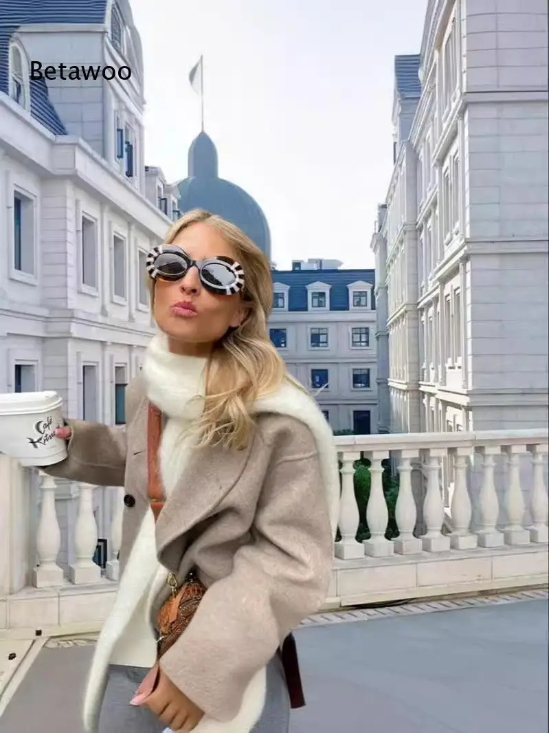 Women's Elegant Double Breasted Wool Blend Pea Coat, Long Sleeve Notched Lapel Warm Winter Jacket with Pockets for Casual
