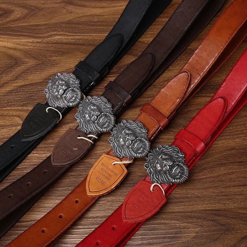 Water-dyed Vintage Distressed Effect Steel Lion-head Buckle Premium Full-grain Cowhide Women's Jeans Belt Leather Belt for Women