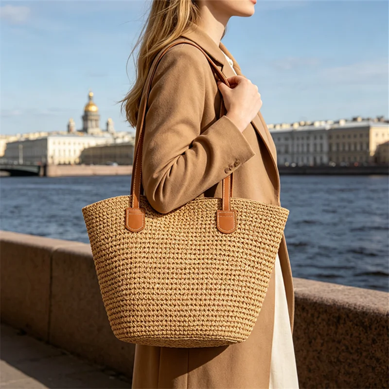 Striped Straw Tote Bag with Leather Handles, Large Capacity, Summer Beach & Casual Daily Shoulder Bag for Women, Everyday Use