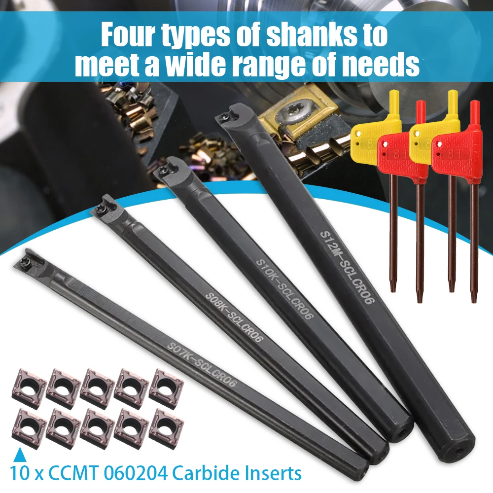 

4 Set of 7/8/10/12mm SCLCR Lathe Boring Bar Turning Tool Holder +10Pcs CCMT 0602 Inserts Blades Machine Turning Tool Holder Set