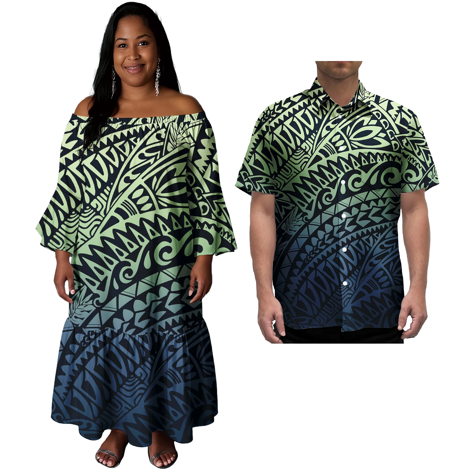เกาะคู่เสื้อผ้า 2 ชิ้น Custom ซามัวตองกา Polynesian Tribal ผู้หญิงปิดไหล่ Mermaid Prom Dresses Match Aloha ชายเสื้อ