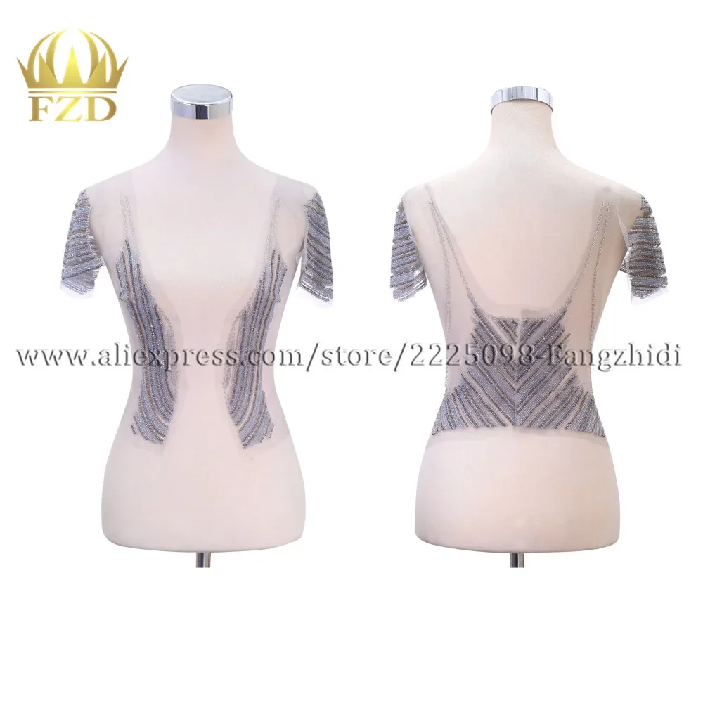 

FZD 1 Set Handmade Beaded Bodice Patches with Sleeves Rhinestones applique with Gauze for Wedding Dresses DIY Decorative