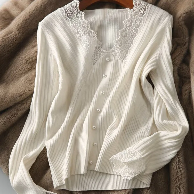 Spring Loose Lace V-neck Sweater Women Casual Elegant Beaded Knit Tops Korean Long Sleeve Knitwear Jumper Chic Bottomed Pullover