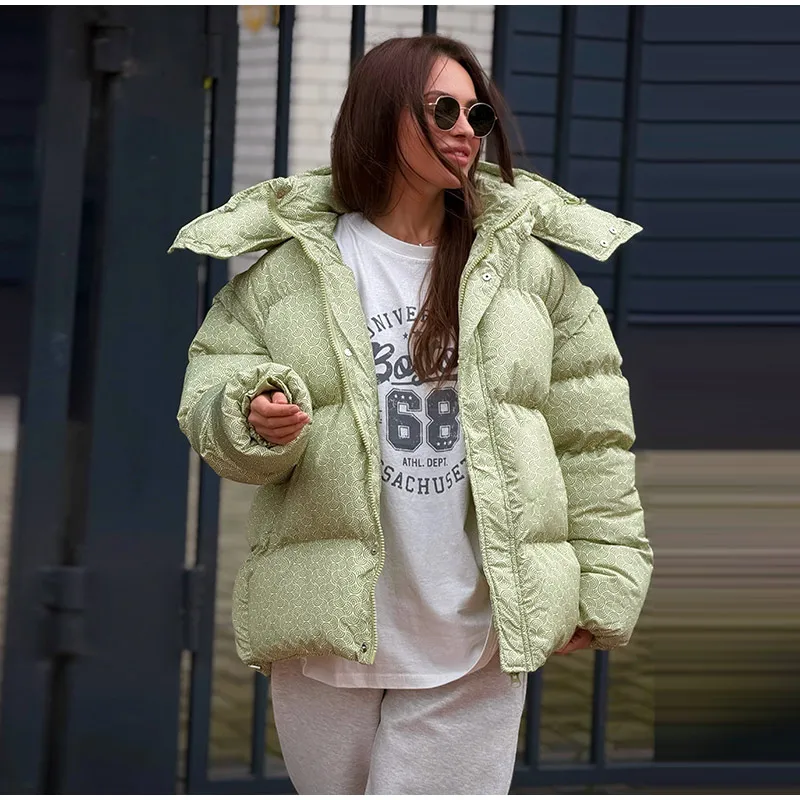 Printed Hooded Padded Coats Women's Loose Zipper Single-breasted Pockets Thicken Coats 2026 New Ladies Winter Fashion Outwear
