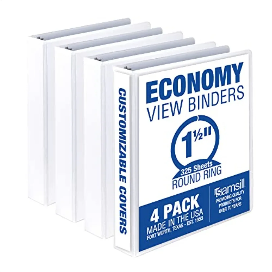 1.5 Inch 3 Ring Binders Made in USA Economy Round Ring Clear View Cover 325 Sheet Capacity for School Home Office White 4 Pack
