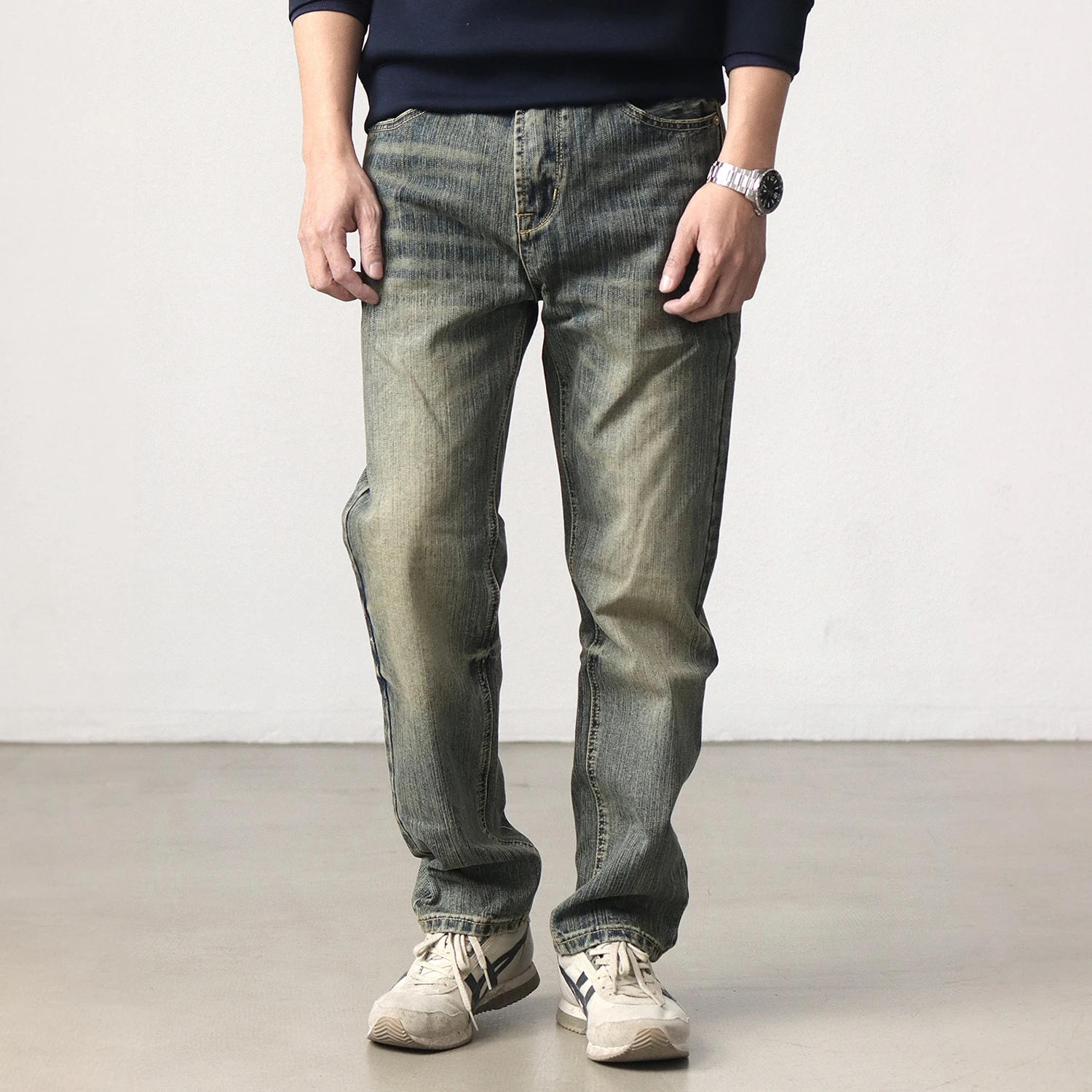 Spring and autumn new bamboo texture small straight leg jeans men American retro wash to do old casual pants