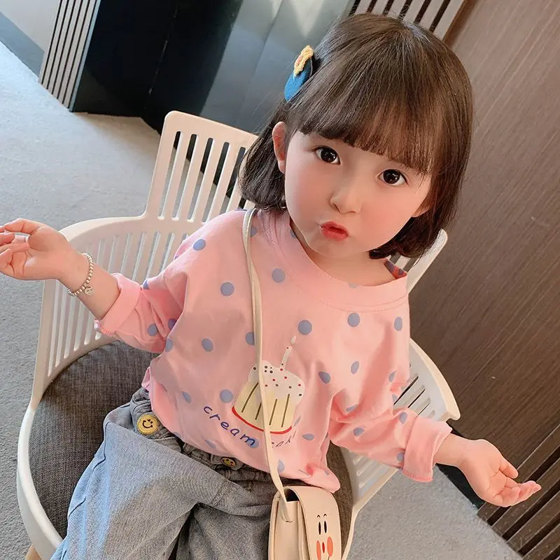 

Spring Autumn New Fashion Kids Sweat Round Neck Long Sleeved Children's Clothing Polka Dot All Match Cotton Loose Print T-Shirts