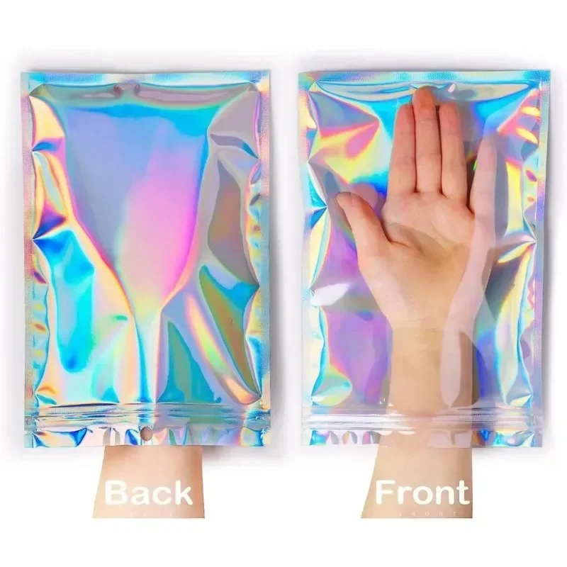 100/10PCS Iridescent Self-Sealing Bag Plastic Waterproof Laser Holographic Clear Storage Bag Makeup Jewelry Zipper Packing Pouch