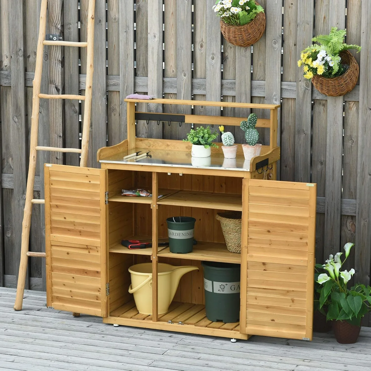 Garden Potting Bench Table Wooden Workstation Shed with Tabletop, Hooks, 3-Tier Shelves Cabinet and 2 Magnetic Close Doors