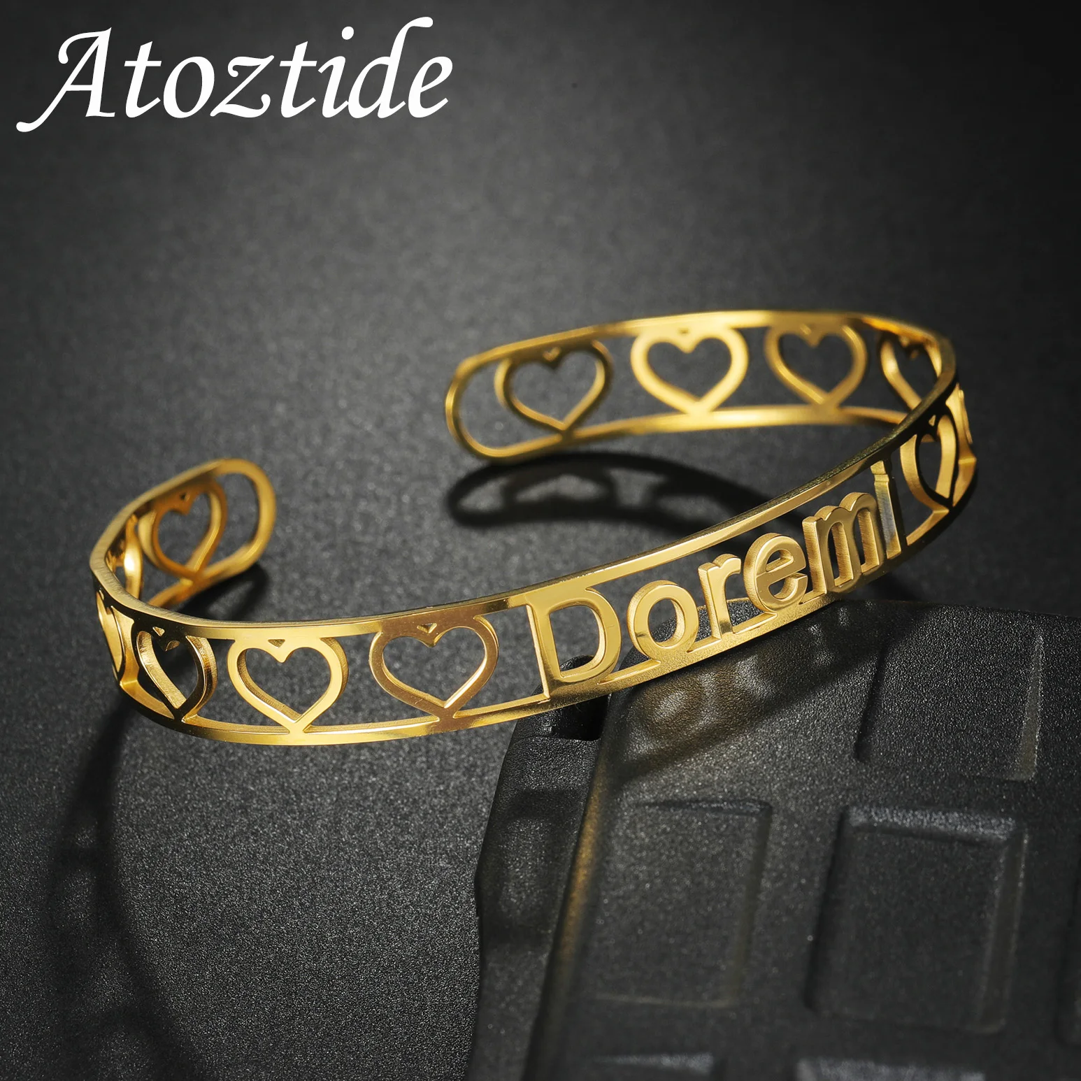 Atoztide 10mm Personalized Custom Name Bracelet for Women Men Stainless Steel Hollow Heart Fairy Bangles Birthday Jewelry Gift