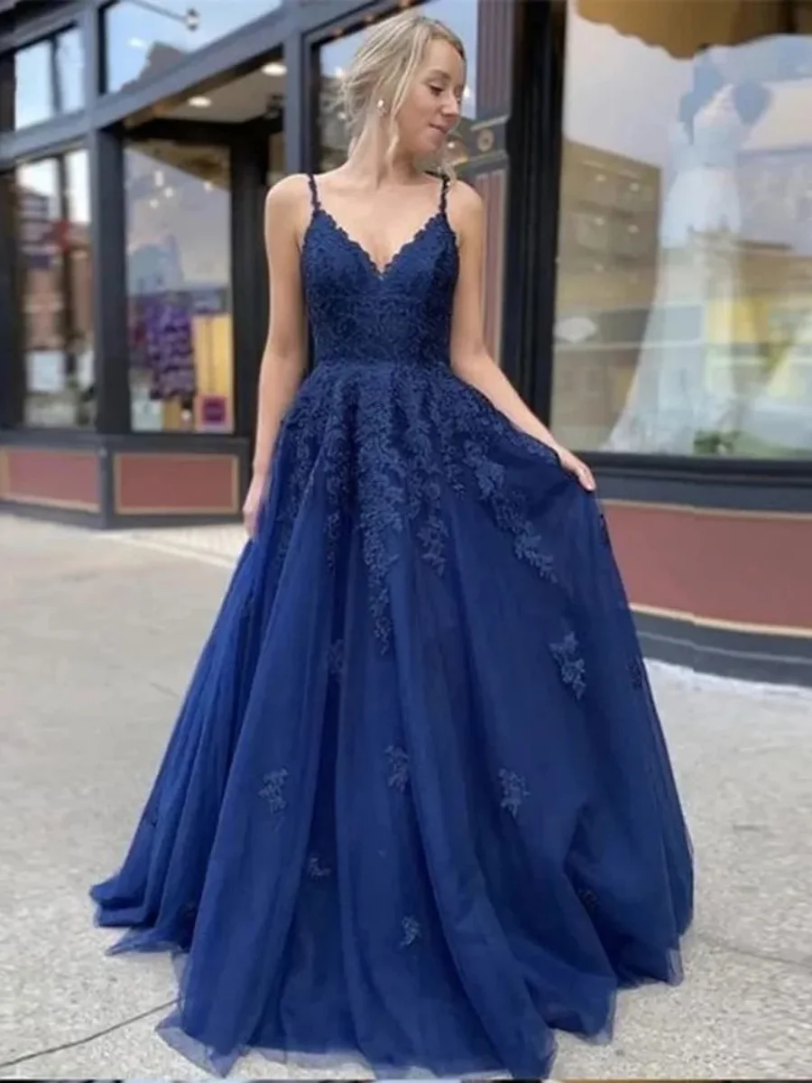 Navy Blue V Neck Lace Vest Prom Evening Gown Dress Dress Long Soft Tulle Lace Up Special Occasion Formal Occasion