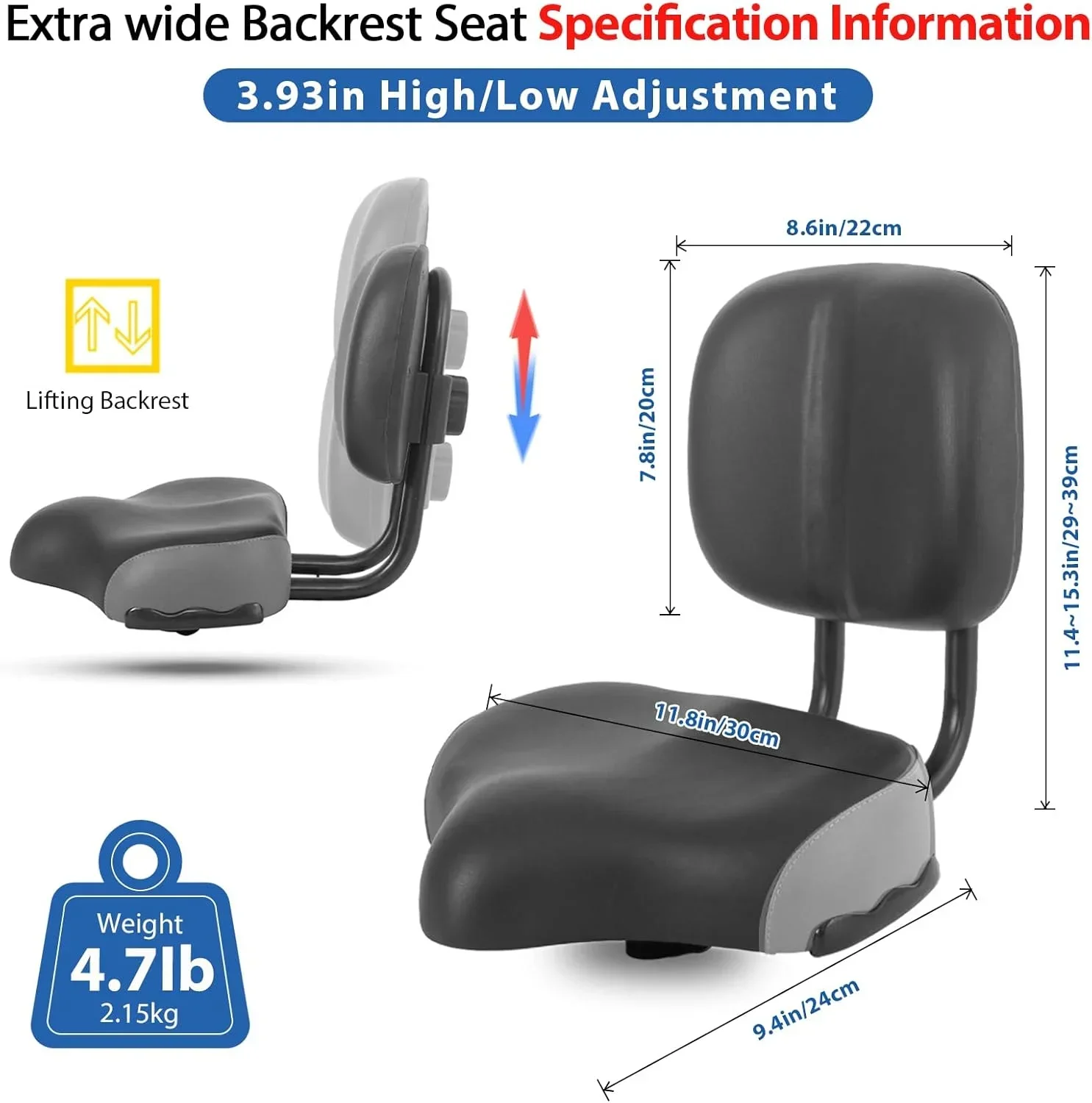 

Ergonomic Bike Seat with Backrest, Adjustable Height for Men/Women - Fits City/Commuter/Electric Bikes & Tricycles