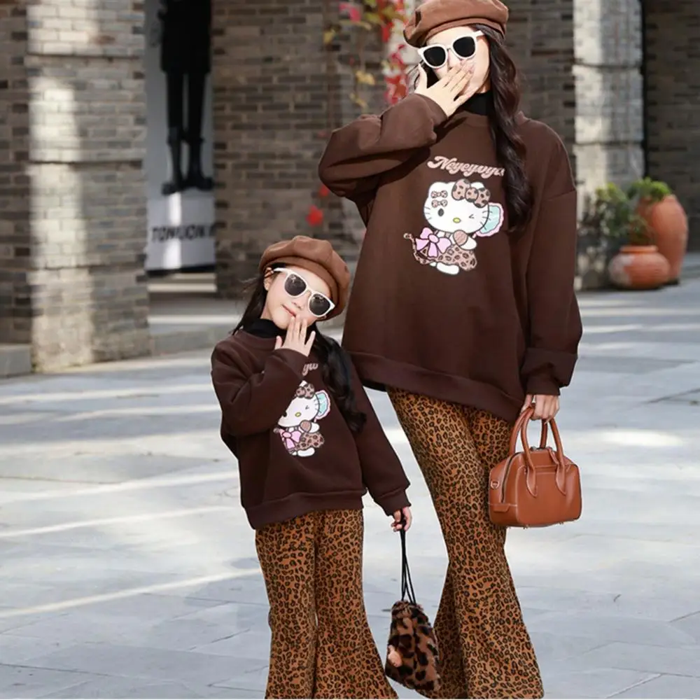 Kawaii Sanrio Hello Kitty Girls Hoodie Cartoon Sweatshirt Fashion Leopard Print Pants Child Long Sleeves T-Shirt Clothes Gifts