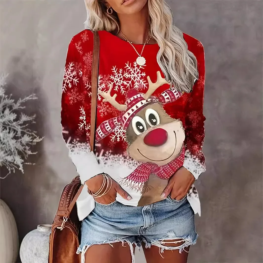 cross-border women's clothing  selfie picture Christmas casual top printing long-sleeved T-shirt women