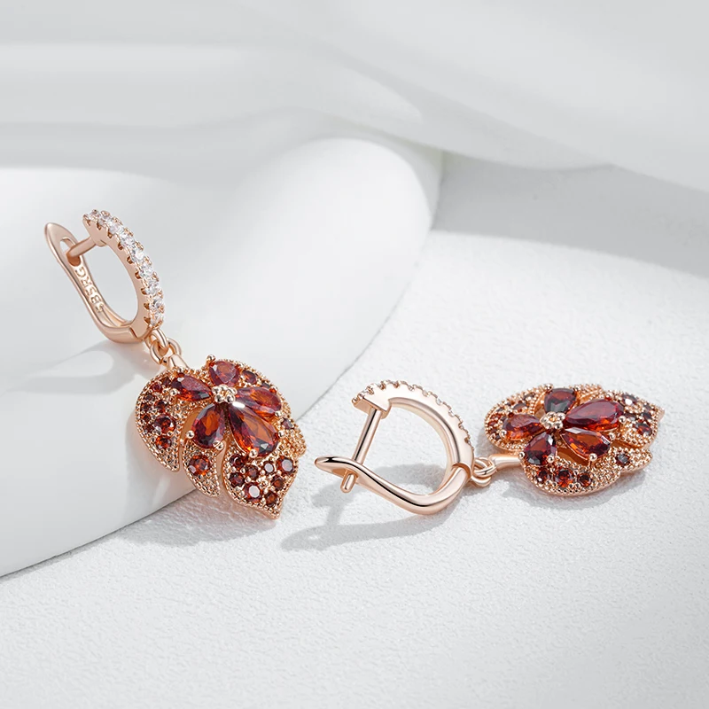 Kinel التصميم الأصلي لامعة الأحمر الطبيعي الزركون مابل ليف أقراط للنساء موضة 585 ارتفع الذهب اللون اليومية غرامة مجوهرات #5