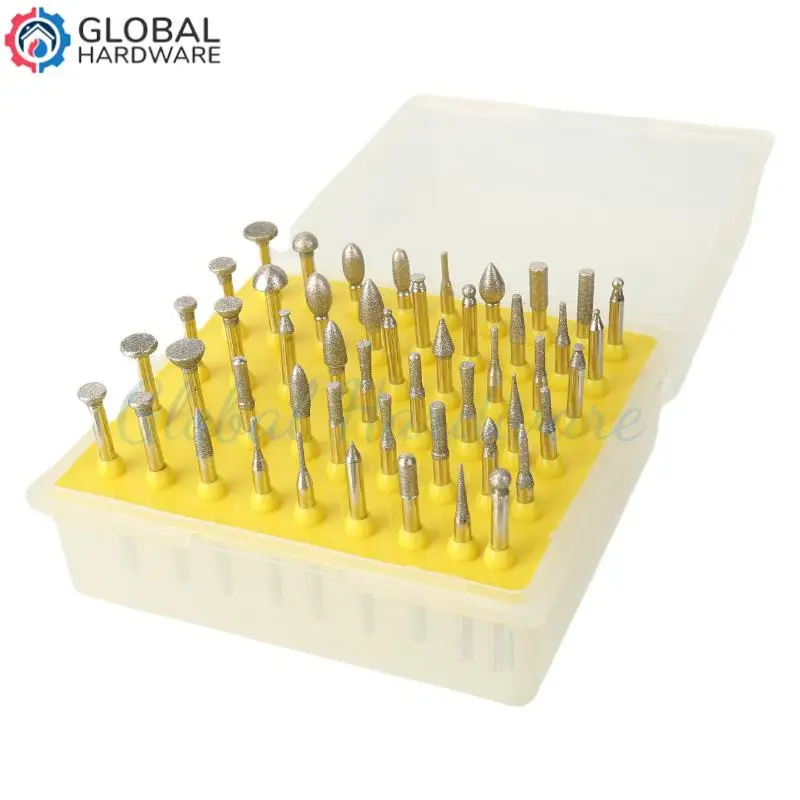 50 buah set kepala burr pemoles berlian, aksesori penggilingan listrik, alat berputar untuk mengukir batu giok dan batu