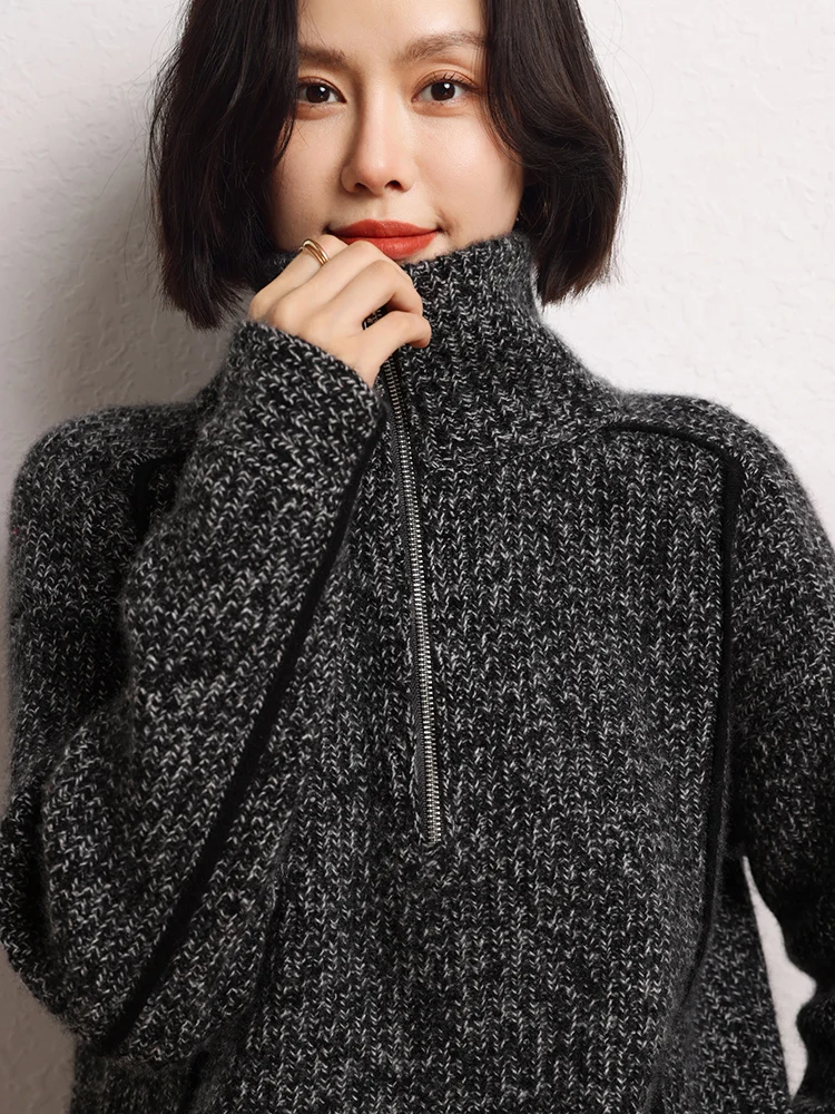 TLOML Women's 100% Cashmere Sweater Yarn-dyed Turtleneck Half Zipper Pullover Autumn Winter Cashmere Thick Soft Warm Casual Tops