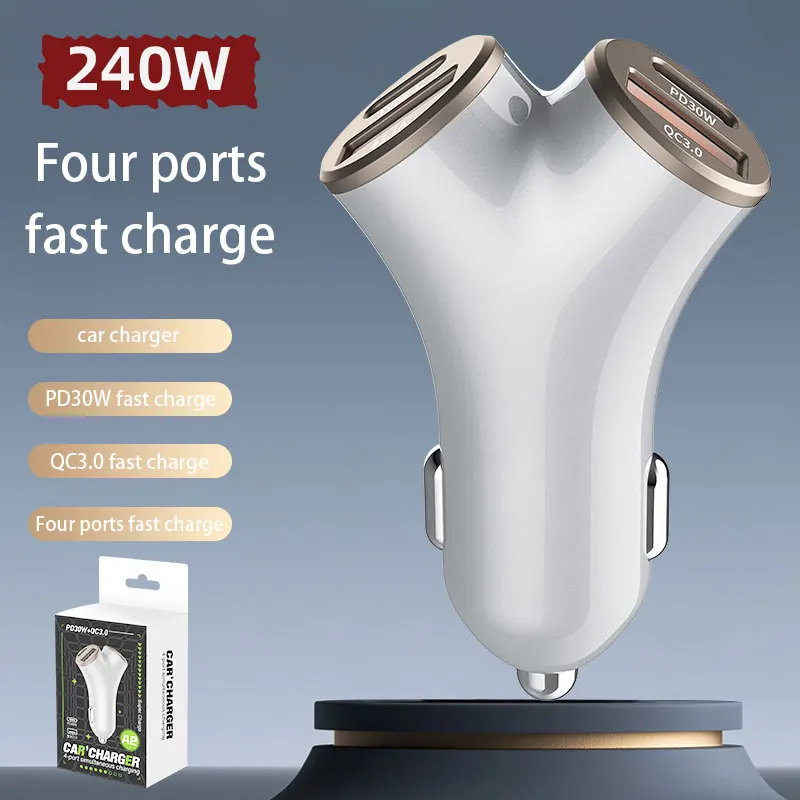 240W Fast Charger 4 Ports PD USB Super Car Charger Phone Type-C Adapter Quick Charging in Car for iPhone 14 15 Pro/Max Samsung