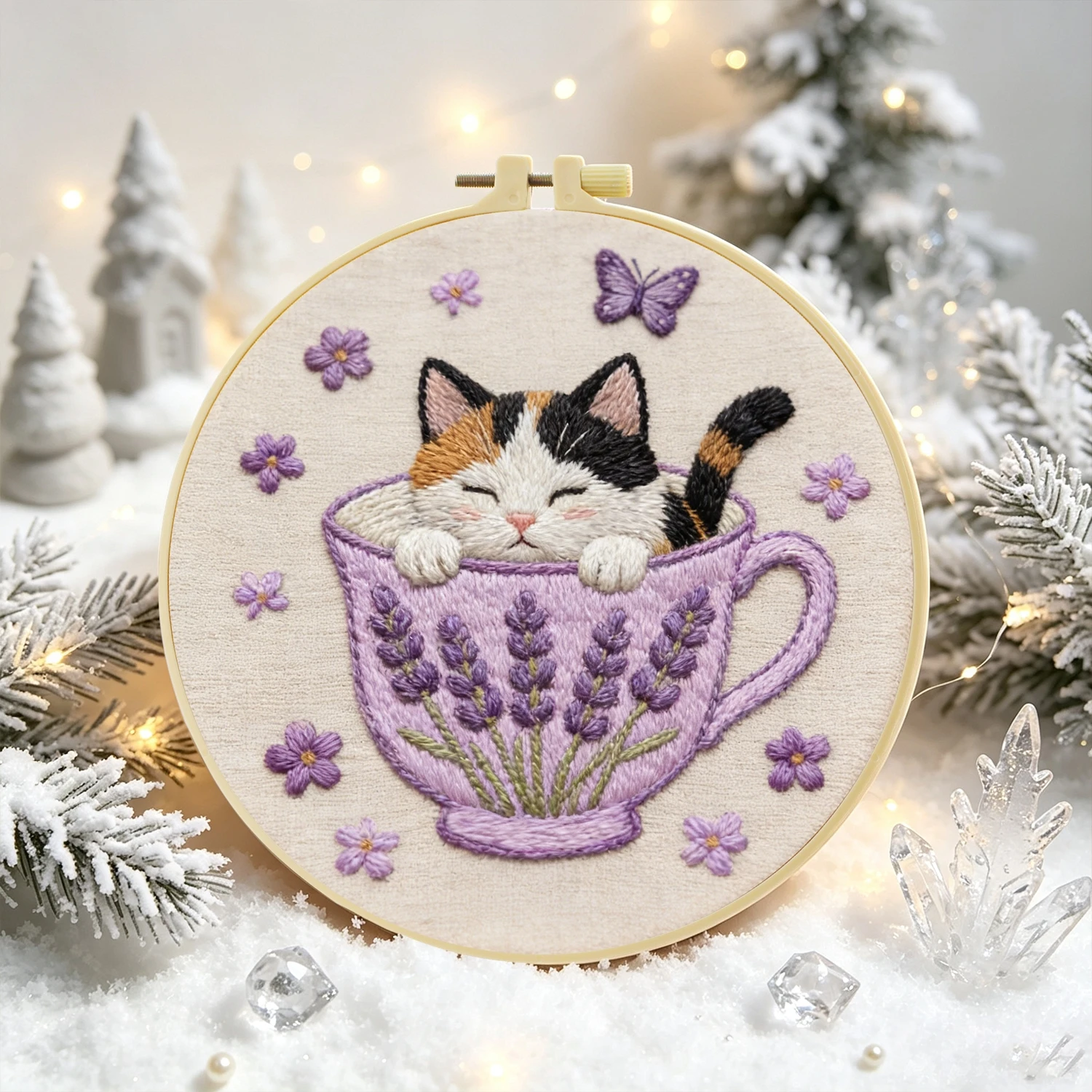1 Set Lavendel-Teebecher-Katze DIY-Stickerei-Set für Anfänger, Stickerei-Starter-Kit, Kreuzstich-Kunstgeschenk, Handarbeits-Bastelset – Detail 3