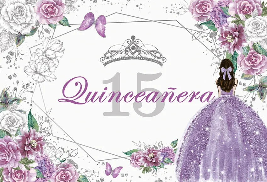 Quinceanera Sweet 15 16th Princess Birthday Party Photographic Backdrops Girl Dress Glitter Crown Floral Decor Photo Background