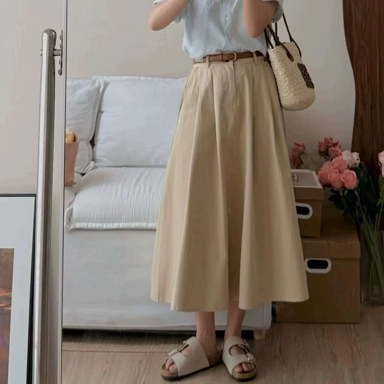 High Waist A-Line  Skirt Women's Khaki Color Artistic Style LANJIANG Cappuccino Half-length Skirts for Ladies