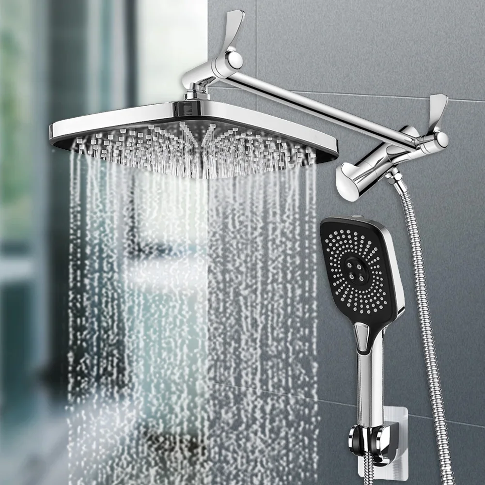 

12 Inch Bathroom Shower Faucet Set 3+1 Settings Rain/Rainfall Shower Heads Height/Angle Adjustable Handheld Top Spray Showerhead