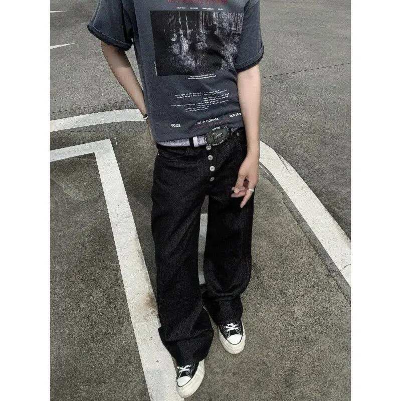 Black Original Denim Men's Straight Leg Five Button Loose Fit American Style Jeans Casual Vintage PU Material Non-Shrinking