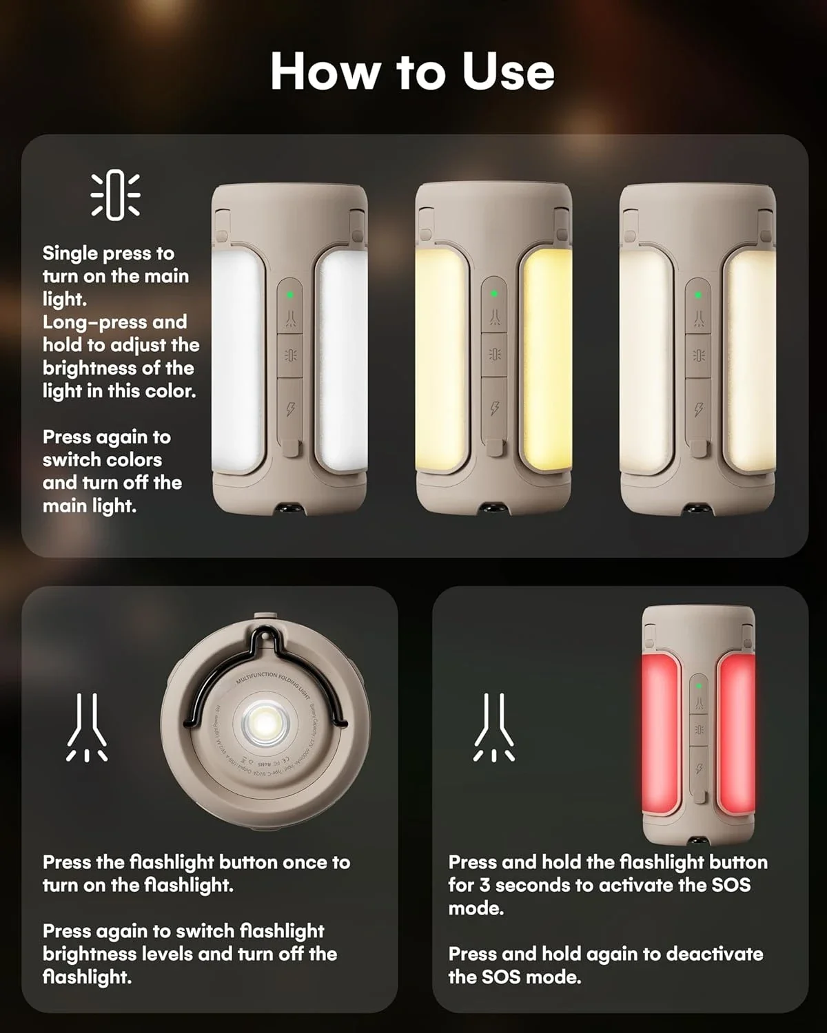Linterna LED para acampar, luces recargables para acampar con linternas, luz impermeable para tienda con 4 modos de luz, Camping, 6000mAh P