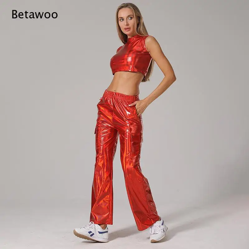 Women Mock Neck Sleeveless Metallic Crop Top and Cargo Pants Set Fashion Ladies TwoPiece Outfit