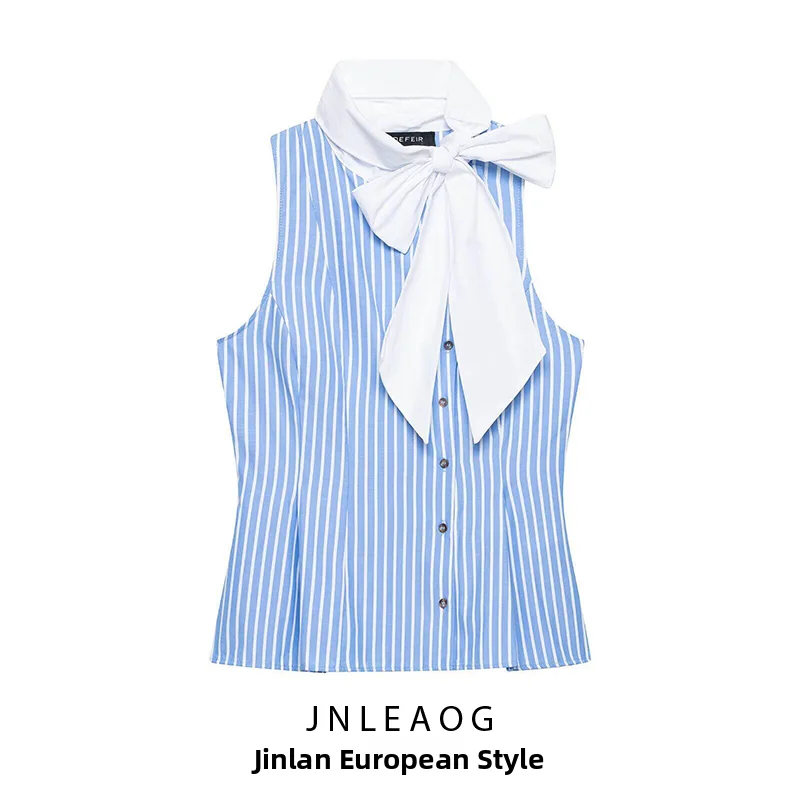 

JNLEAOG Summer New Women's Fashionable Stripe Sleeveless Shirt Versatile Style Polyester Fabric Non-deformable Regular Length