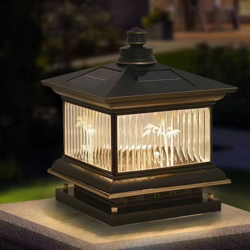 Brass Outdoor Solar Post Lamp Vintage Creative Chinese Brass Pillar Light LED Waterproof IP65 for Home Villa Courtyard