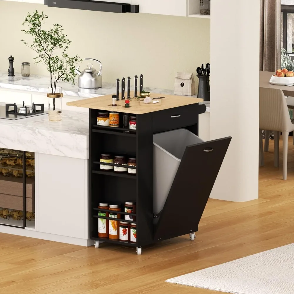 Kitchen lsland with Drop Leaf - Trash Cabinet Tilt Out 10 Gallon Storage, Portable Cart with Rubberwood Top, Spice Rack