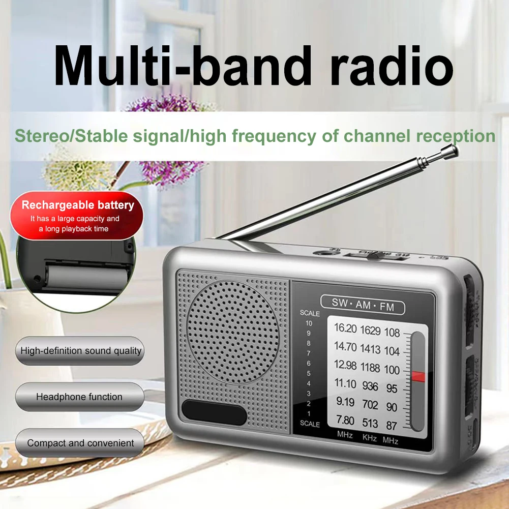 Pocket Mini Stereo Digital Portable Radio AM SW FM Radio with Earphone Multifunctional Radio for Seniors Elderly Indoor Outdoor