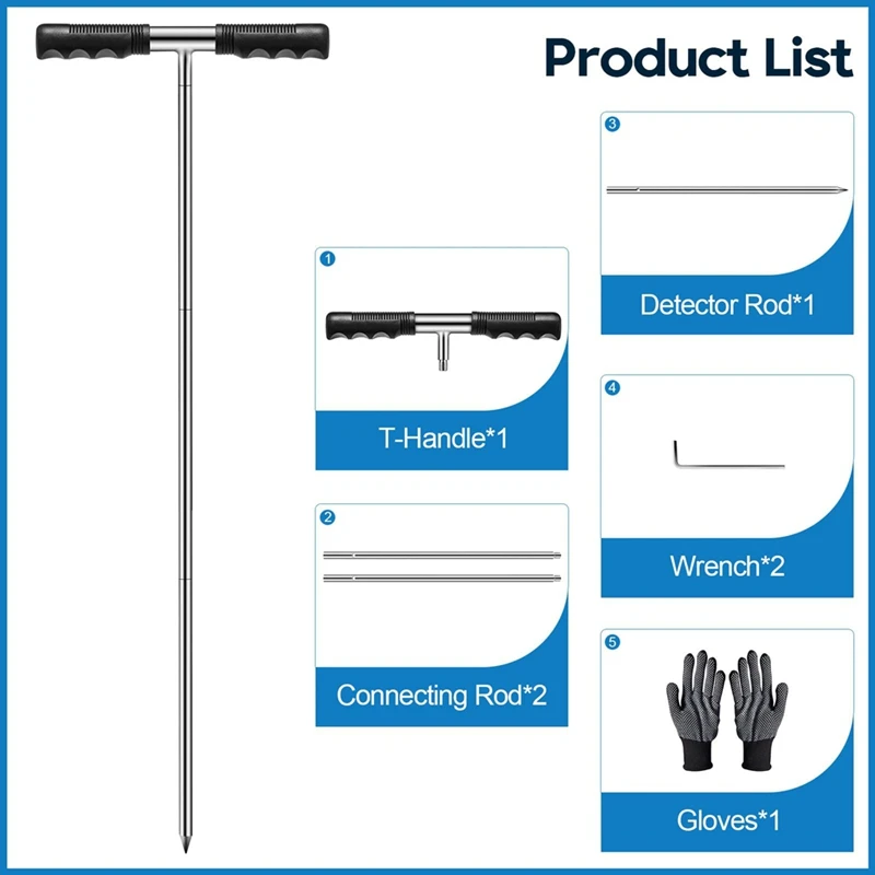 A98E-Solid Stainless Steel Soil Probe Rod, Adjustable 17-32-48 Inch, Septic Tank Probe Rod, Ground Probe With T-Handle