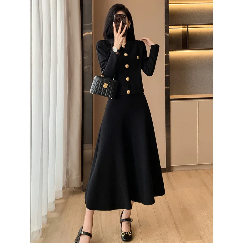 ZJYT Autumn Winter Buttons Cardigan Knitted Sweater Skirt Sets 2 Piece Womens Outfits Long Sleeve Vintage Dress Set Black Suits