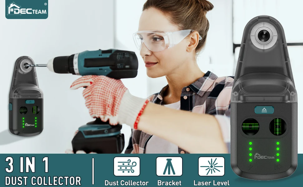 Grüner Laser Level Decteam Elektrischer Bohrstaubsammler 3-in-1-Wandsauger mit Saugfunktion, Vakuumbox, Reinigungswerkzeug, Laserhalterung PQH05G – Detail 1
