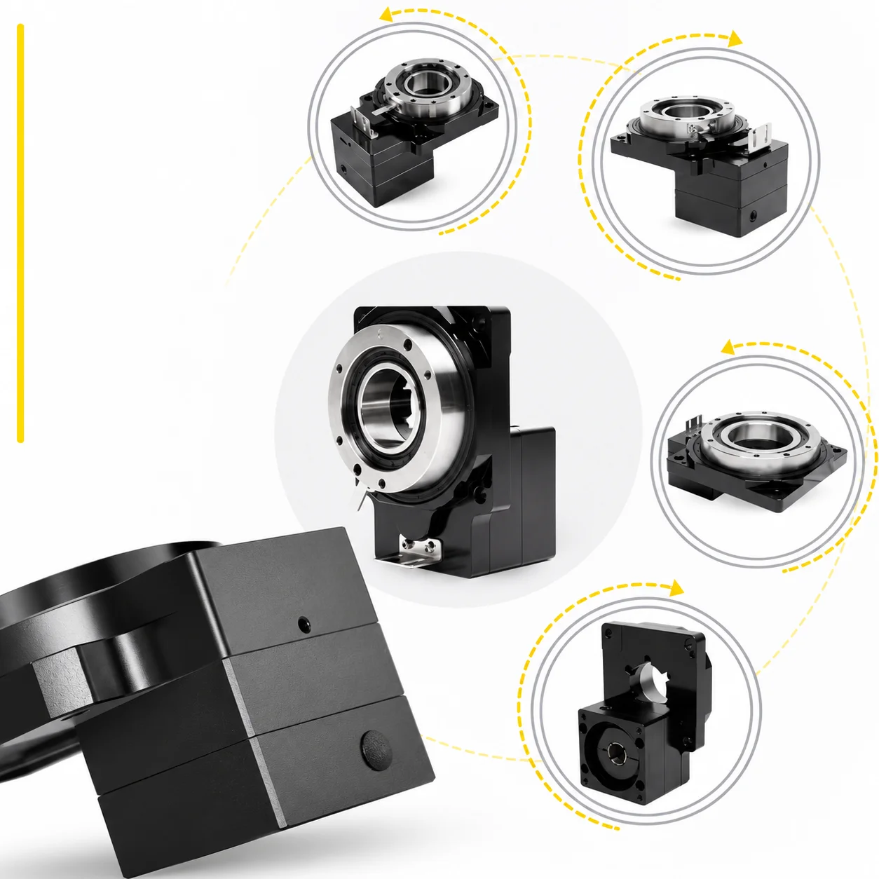 Hollow shaft rotating platform with 100mm inner diameter, with crossed roller bearings, compatible with servo/stepper motors