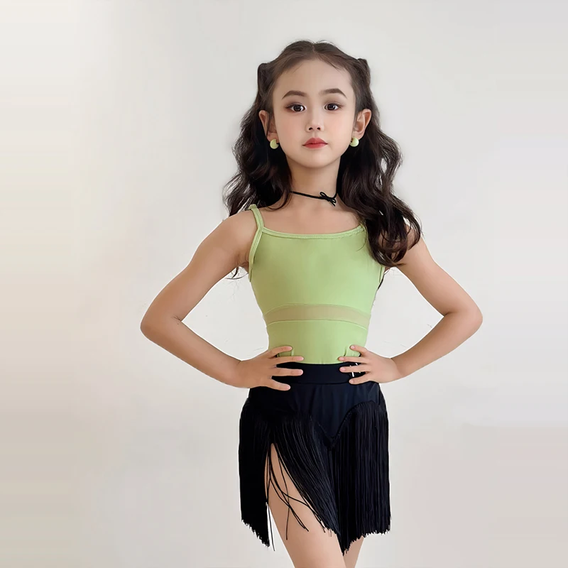 

Latin Dance Costume For Children Tango Salsa Dance Performance Clothes Girl Practice Dancing Clothing Sling Tassels Skirt XH2790