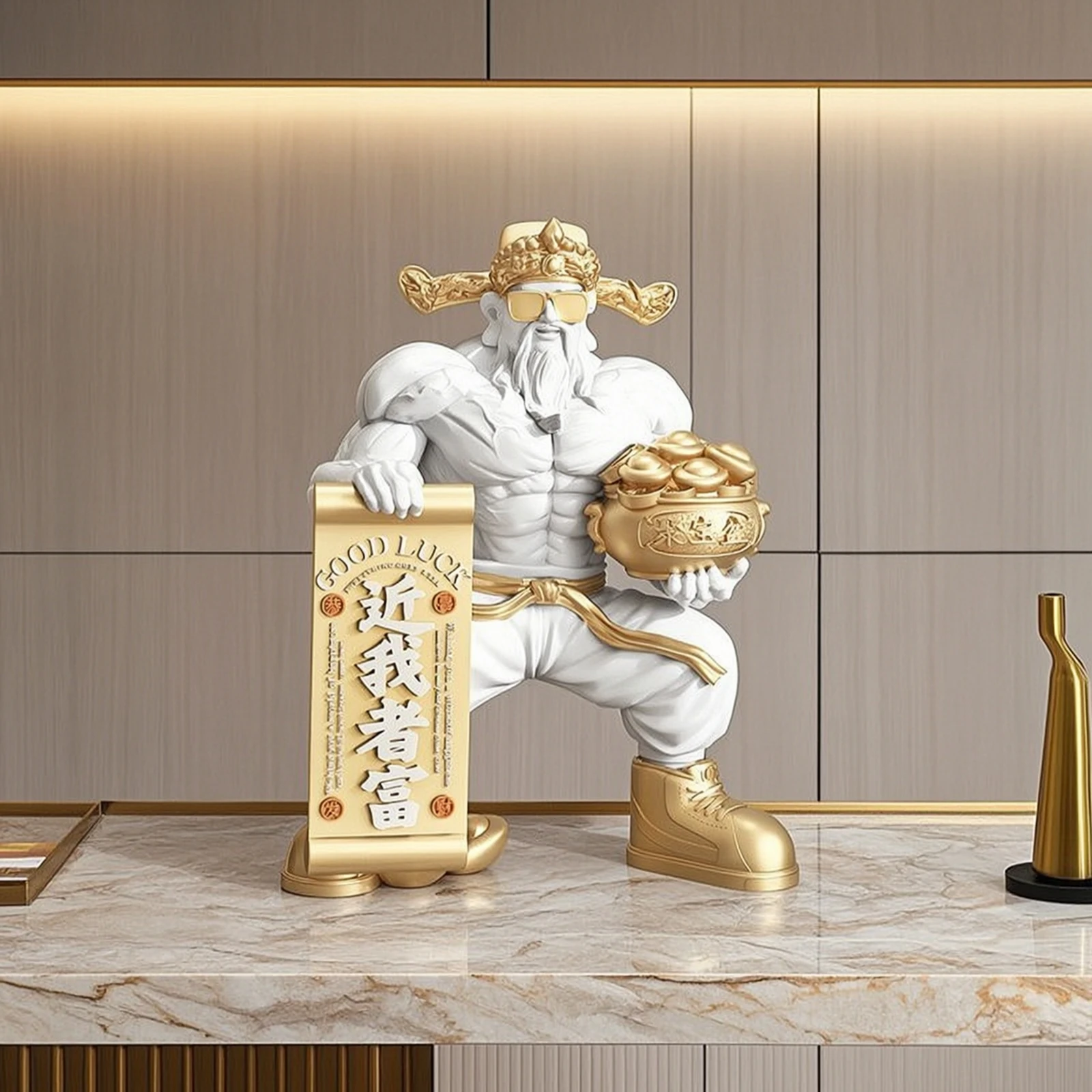 Deity Figurine with Ingot Bowl Desktop Fortune Deity Statue for Business Owners, Shop Counter, Office