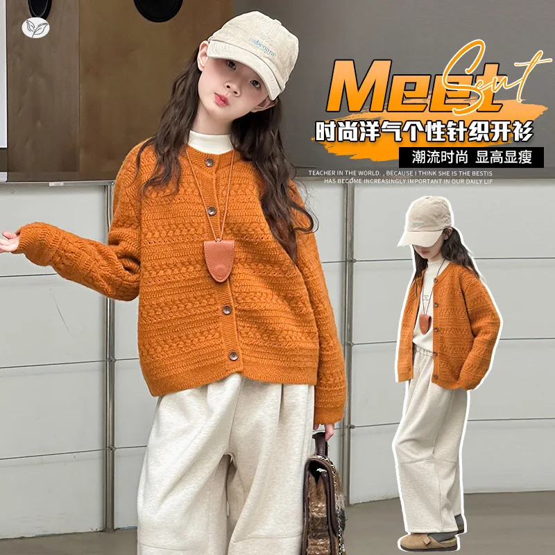 Spring and Autumn Teenage Girl Child Fashion Soft Button Up Knitted Coat Small Cardigan Sweater Fall Tops Outerwear  5-14Year