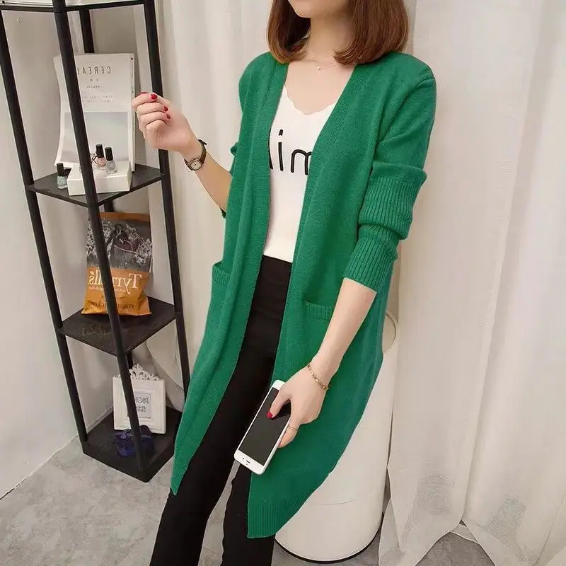 Mid to Long Length Sweater Jacket Women\'s Knitted Sweater Cardigan Spring and Autumn New Style Korean Loose Solid Color Top