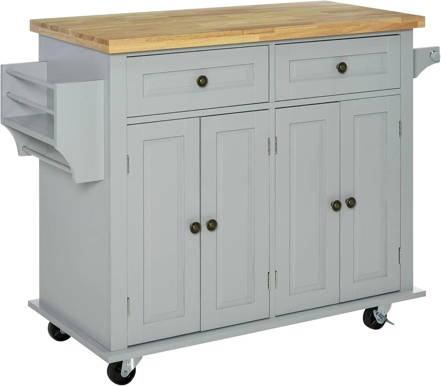 

Kitchen Island on Wheels, Rolling Cart with Top, Spice Rack, Towel Rack and Drawers for Dining Room, Grey